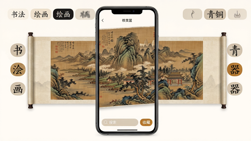 �л��䱦�� �ֻ�APP����չʾ ����Ļ������һ�������й��Ŵ�ɽˮ������ ����ϸ�������ɼ� ��Χ�����ŷ����ǩ���鷨 �滭 ��ͭ�� ����ײ������������ղذ�ť ���岼�ּ�� ���׳��� ���ŵ����� ��ɫ���װ� ī�� ��ʯΪ�� ���ʸɾ� �޶���Ԫ��