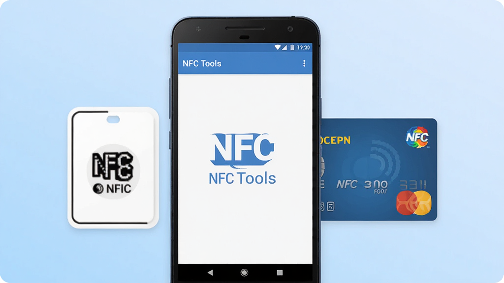 һ�Ź���NFC Tools�ֻ�Ӧ�õ��ۺ�չʾͼ��������һ����׿�ֻ����ֻ���Ļ��ʾNFC ToolsӦ�õļ����棬�������С�NFC Tools�����ֱ�ʶ���ֻ��Ա߷���һ��NFC��ǩ��Ƭ��һ�Ź�������������ǳ��ɫ���䣬���岼�־��У�����ִ���ƽ����ϸ��Բ�󣬻��ʸɾ��������޶���Ԫ��