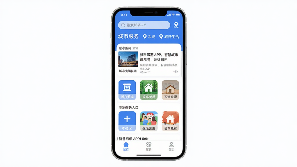 �ǻۺ���APP������ȫòչʾ���ֻ���Ļ������ʾ����������Ѷ���ͱ��ط������ͼ�꣬�������š��������������ģ�飬��������ɫ�Ͱ�ɫΪ��ɫ�����������������ͳ��ж�λ��ʶ���ײ�Ϊ��ҳ�������ҵ�����ѡ�����������������ִ���࣬��ƽ����ƣ�ϸ��Բ�󣬻��ʸɾ��޶���Ԫ��