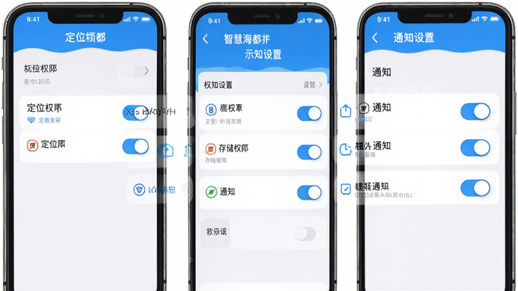 �ǻۺ���APP����ҳ�����ʾ��ͼ���ֻ���Ļ��ʾȨ�޹�����֪ͨ���ý��棬������λȨ�ޡ��洢Ȩ�ޡ�֪ͨ���ص�ѡ������԰�ɫ����ɫΪ�������ذ�ť�����ɼ������ֹ�����������ִ������ʸɾ��޶���Ԫ��