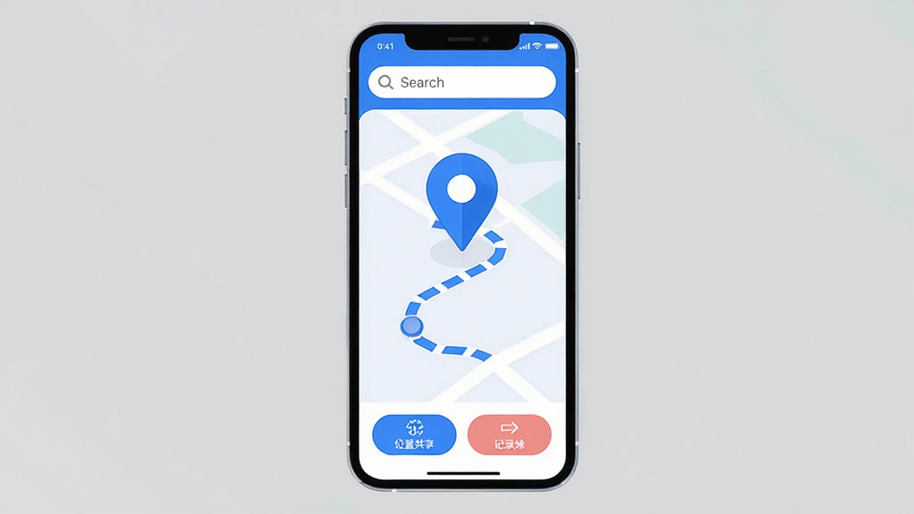 LINKGPS�ֻ�Ӧ�ý���չʾ�������ֻ���Ļ����������ʾ��ɫ��λͼ��͵�ͼ�켣�����������������򣬵ײ���λ�ù����ͼ�¼��ť�����沼�ּ�࣬����ִ���ƽ����ɫ������Ϊ����ϸ��Բ�󣬻��ʸɾ����޶���Ԫ��