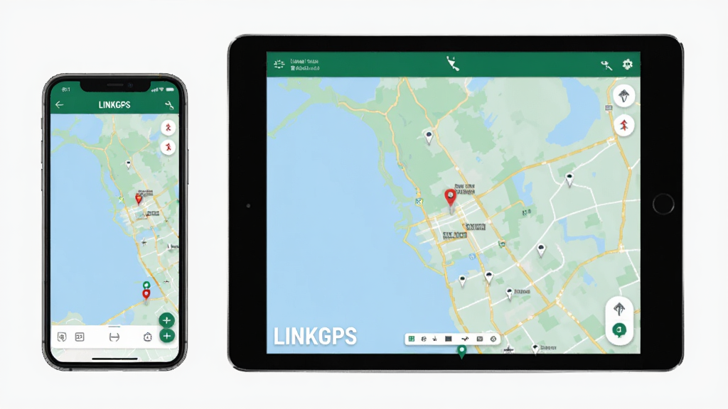 LINKGPS���豸����չʾ��һ���ֻ���һ̨ƽ�岢�Űڷţ���Ļ�϶���ʾ��LINKGPS�ĵ�ͼ���棬�ֻ���ʾ�������֣�ƽ����ʾ�������֣������ɾ������ͳһ�������������޶���Ԫ��