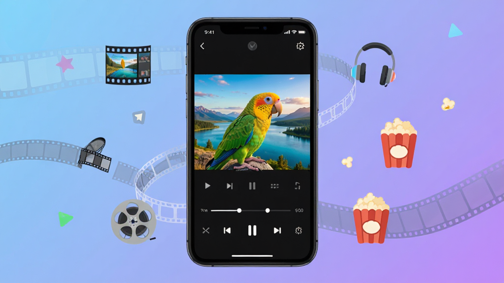 һ��չʾС�п���App������ĸ���ͼ�������������ֻ���Ļ����Ļ����ʾС�п�������ɫģʽ���Ž��棬���ڲ���һ���羰��¼Ƭ������ɫ�����ޣ���Ļ�·��м��Ĳ��ſ��������ֻ���Χ�����ŵ�Ӱ��Ƭ�����������׻���Сͼ�꣬��������͵�����ɫ���䣬����ִ���ƽ��ϸ�����������ʸɾ��޶���Ԫ��