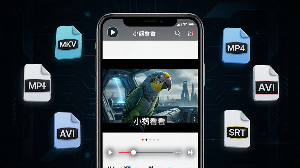 һ��С�п���App�Ĺ���չʾͼ�������������ֻ���Ļ����Ļ����ʾС�п�������Ƶ���Ž��棬���������ڲ���һ���ƻõ�Ӱ���·�����Ļ��ʾ����Ļ�Ա�Ư���Ÿ�����Ƶ��ʽͼ����MKV��MP4��AVI����Ļ�ļ�ͼ��SRT����������ɫ�Ƽ��з��ϸ�����������ʸɾ��޶���Ԫ��