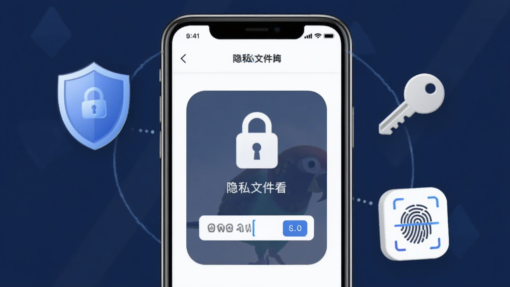 һ��С�п���App����˽��������ʾ��ͼ�������������ֻ���Ļ����Ļ����ʾС�п�������˽�ļ��н��棬��һ�����ε�ͼ��������������Ļ�Ա�Ư���Ŷ��ơ�Կ�ס�ָ��ʶ��Ȱ�ȫͼ�꣬����������ɫ��������లȫ��ϸ�����������ʸɾ��޶���Ԫ��