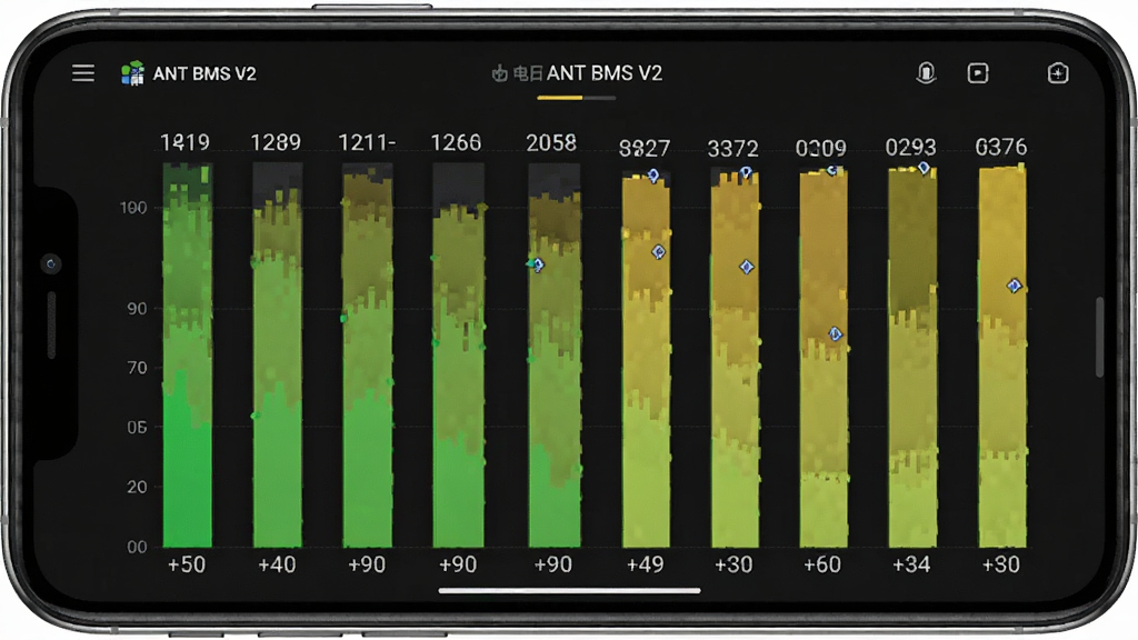 ANT BMS V2Ӧ���ڵ�о��ѹ��ؽ������ϸչʾ���ֻ���Ļ��ʾ�മ﮵�ص�ѹ��״ͼ��ÿ����ѹ��ֵ������ע����������ɫ����Ϊ������״ͼ��ɫ����ɫ����ɫ�����ʾ��ѹ���죬���岼�����룬���רҵ���ݿ��ӻ������ʸɾ��޶���Ԫ��