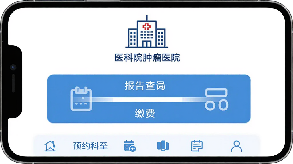 �ֻ���Ļ������չʾ��ҽ��Ժ����ҽԺ��App����ҳ���棬������ҽԺ��¥�ļ��ͼ�꣬�м���ԤԼ�Һš������ѯ���ɷ�������ť���ײ��ǿ��ҵ����������岼�ּ��������������ɫ����ƽ����Ʒ�񣬻��ʸɾ��޶���Ԫ��