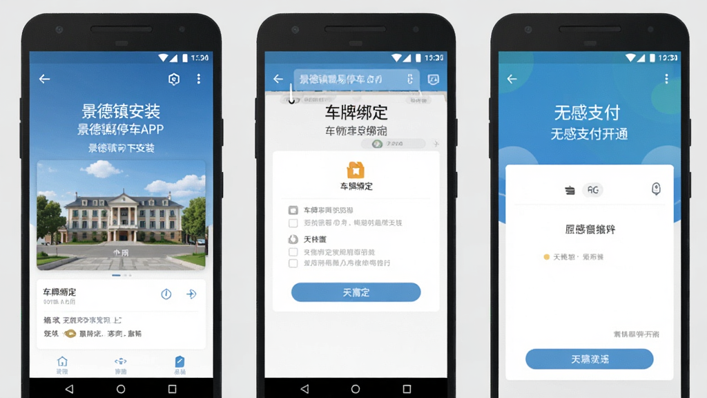 һ��չʾ��������ͣ��APP�ڰ�׿�ֻ��ϵİ�װ��ʹ�ò���ʾ��ͼ�������Ϊ�����ֻ���Ļ���ţ������ҷֱ������ذ�װ���桢���ư󶨽��桢�޸�֧����ͨ���棬ÿ�����涼�����������ֱ�ע��������ǳ��ɫ��������ƽ�����������ɾ�