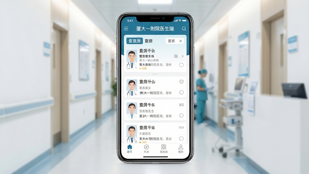 һ��չʾ�ô�һ��Ժҽ����APP��������ֻ�����ͼ������������һ���ִ������ֻ�����Ļ��ʾҽ����APP����ҳ�������С��ô�һ��Ժҽ���ˡ����ֱ�ʶ���м��������Ĳ鷿�����б���Ƭ���ײ��ǹ��ܵ������������Ǹɾ������ҽԺ�����黯���������רҵ�ִ���ϸ�����������ʸɾ����޶���Ԫ��