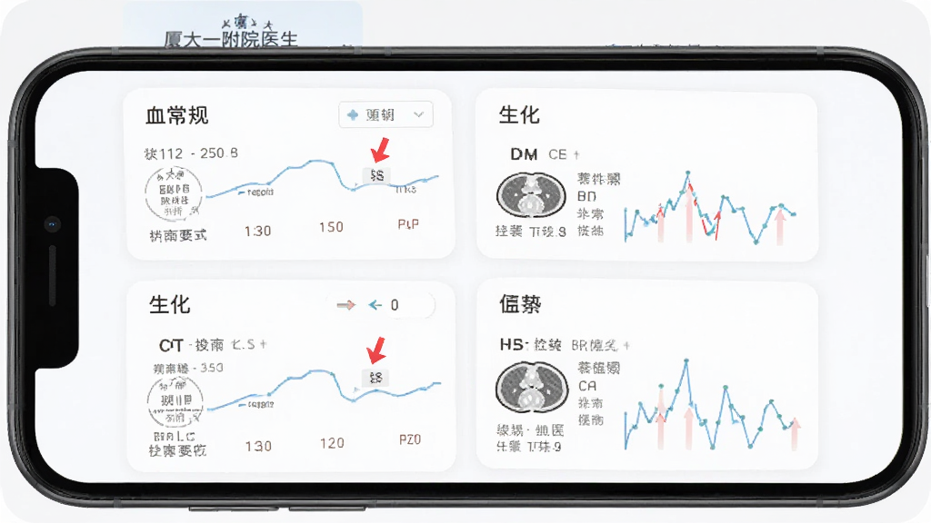 �ô�һ��Ժҽ����APP�ڼ����鱨��鿴������ֻ���ͼ������չʾ�ֻ���Ļ��������Ѫ���桢������CT���濨Ƭ���쳣ָ���к�ɫ��ͷ��ע�����沼�������������ҽ�Ʒ磬�Ű����룬���ʸɾ����޶���Ԫ��