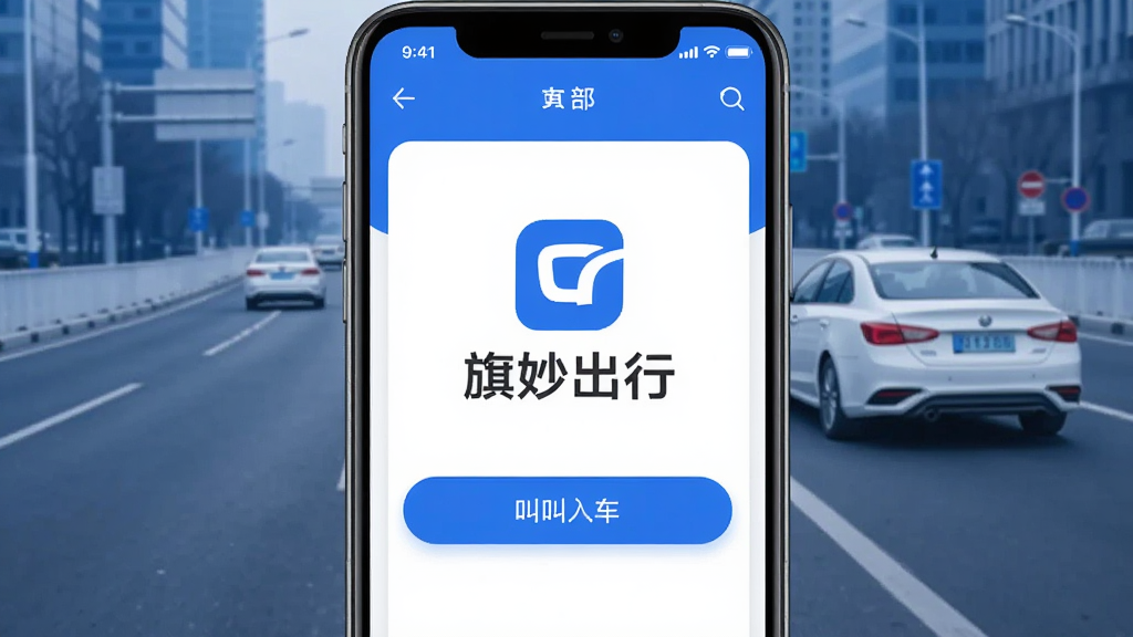 һ���ֻ���Ļչʾ�������App������Ĳ�Ʒ��ͼ������������������е�Logo�ͽг���ڰ�ť�������ǳ��е�·����ʻ�еİ�ɫ�γ�������ɫ������ɫ�Ͱ�ɫΪ����������ִ������ʸɾ������޶���Ԫ��
