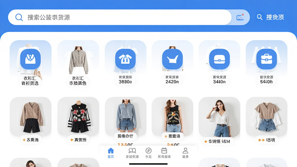 ������Ůװ��ԴApp�������ͼ��չʾ��ˬ����ҳ���֣��������������м��Ǹ���Ůװ��Դ����ͼ�꣬�ײ��������������������ִ���Լ��������ɫ������ɾ����࣬�޶���Ԫ�أ����廭��