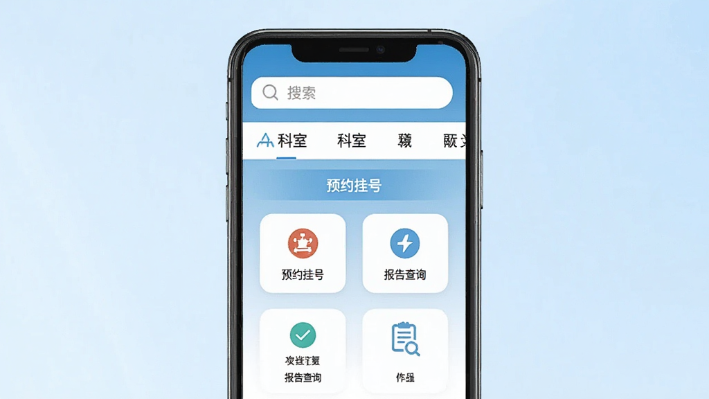 һ���ֻ���Ļչʾ�㰲��ҽԺApp��ҳ�Ľ����ͼ�������������ֻ�ģ�ͣ���Ļ����ʾ�㰲��ҽԺApp����ҳ��������������Ϳ��ҵ������м���ԤԼ�Һš������ѯ��ͼ�갴ť�������Ǽ���ǳ��ɫ���䣬����ִ���ƽ��ϸ�����������ʸɾ��޶���Ԫ��