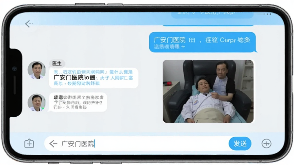 �㰲��ҽԺApp��������������棬�ֻ���Ļ��ʾҽ���ͻ��ߵĶԻ���¼�������ҽ���ظ����Ҳ��ǻ��߷��͵�֢״�����ͼ��ͼƬ���ײ��������ͷ��Ͱ�ť��������ǳ��ɫ�Ͱ�ɫΪ����������ִ������ʸɾ��޶���Ԫ��