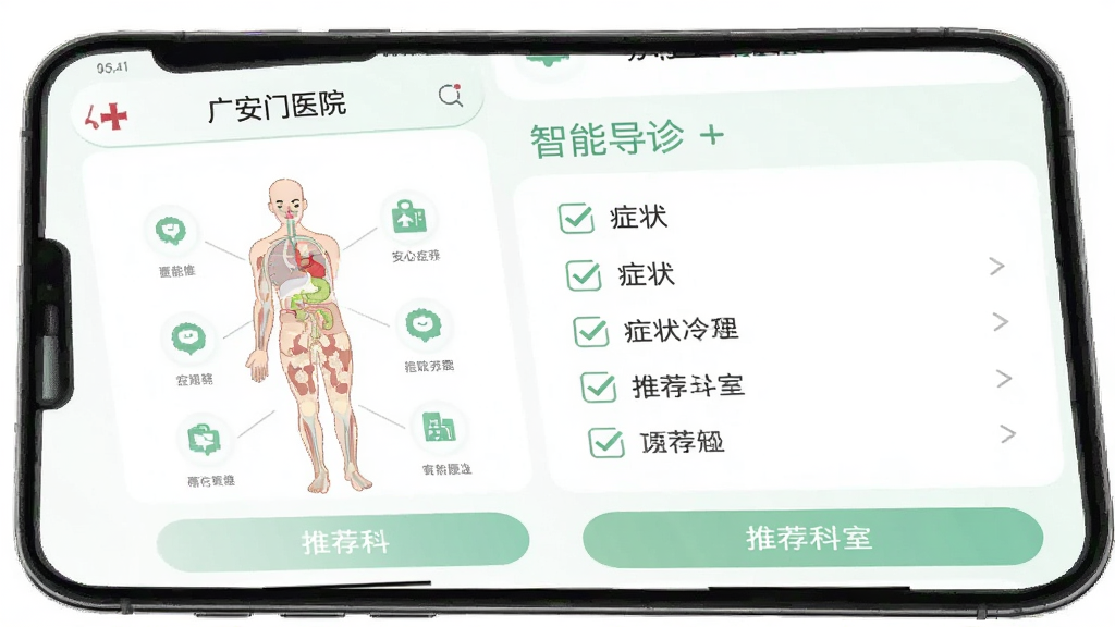 �㰲��ҽԺApp���ܵ�����棬�ֻ���Ļ��ʾ���岿λѡ��ͼ��֢״��ѡ�б����ײ����Ƽ����Ұ�ť�������԰�ɫ��ǳ��ɫΪ����ͼ�����׶������ҽ�ƽ��������ʸɾ��޶���Ԫ��