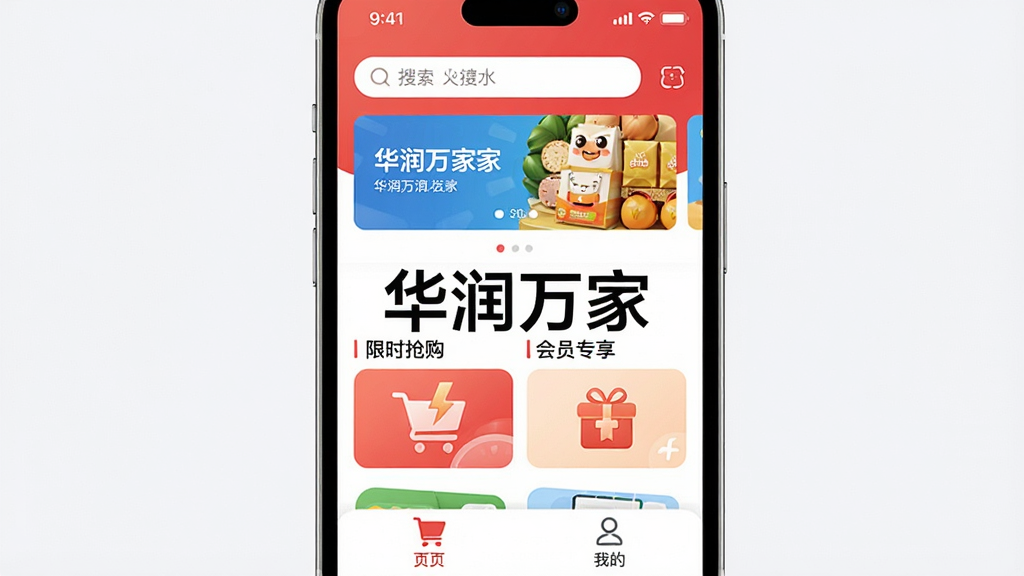 һ��չʾ�������APP���Ľ�����ֻ�����ͼ�������ǻ������APP��ҳ�������Ϸ�����������ֲ��������м��ǡ���ʱ�������͡���Աר����ͼ�꣬�ײ��ǹ��ﳵ���ҵ�ҳ����ڣ��Ű�����������ִ���Լ��ϸ����ͼ��Բ��ɫ�����ޣ����ʸɾ��޶���Ԫ�أ�ͼƬ������С�������ҡ����ֱ�ʶ��