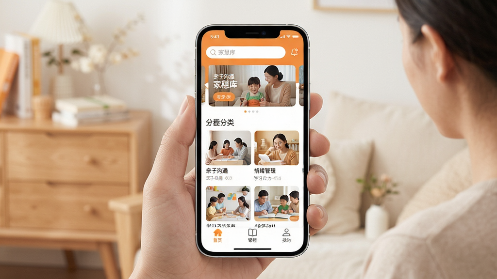 �һۿ�Ӧ����ҳչʾͼ�������������ֻ���Ļ����Ļ����ʾ�һۿ�APP�Ľ��棬���������������ֲ�ͼ���м��Ƿ��������Ŀγ̿�Ƭ�������ӹ�ͨ������������ѧϰ�����ȣ��ײ�����ҳ���γ̡��ҵ�����������ǩ������ɫ����ů��ͣ��Գ�ɫ�Ͱ�ɫΪ����������ִ������������ɾ����޶���Ԫ��