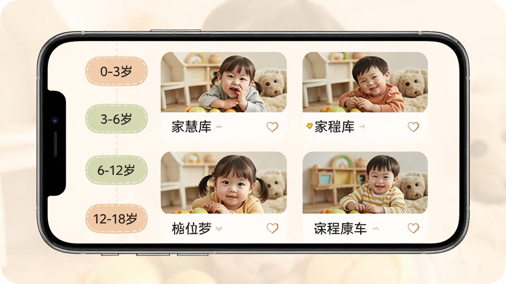 �һۿ�γ̷������ͼ���������ֻ���Ļ��ʾ�һۿ�APP�Ŀγ̷���ҳ������������ǩ��0-3�ꡢ3-6�ꡢ6-12�ꡢ12-18�꣬�Ҳ��Ƕ�Ӧ�Ŀγ̿�Ƭ�б�����Ƭ���пγ̷���ͱ��⣬�Ű����룬�����ܰ�������������޶���Ԫ��