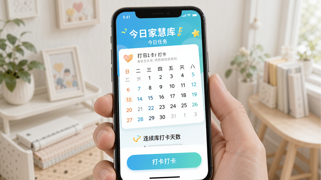 �һۿ�򿨼ƻ�����ͼ���ֻ���Ļ��ʾ�һۿ�APP��ÿ�մ�ҳ�棬�����н���������⣬�м��Ǵ��������������������ײ��д򿨰�ť��������ɫ���£��й��������֣����������ϣ����ʸɾ����޶���Ԫ��