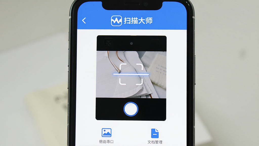 һ���ֻ���Ļչʾɨ���ʦApp�������ͼƬ������������ɨ���ʦ�����ȡ�����ɨ�谴ť�����涥����ʾɨ���ʦ��logo�����ƣ��ײ�����ᵼ����ĵ���������ͼ�꣬���岼�ּ��������������ɫ��񣬹���������ͣ����ʸɾ��޶���Ԫ��