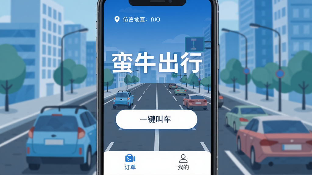 ��ţ����App������չʾ���ֻ���Ļ������ʾ����ţ���С��ĸ����֣������ǳ��е�·����ʻ�ĳ��������沼�ּ�࣬������ʾ��ǰλ�ã��м���һ���г���ť���ײ��ж������ҵ�ѡ�����ִ���ƽ��ɫ������ɫ�Ͱ�ɫΪ�������ʸɾ��������޶���Ԫ��