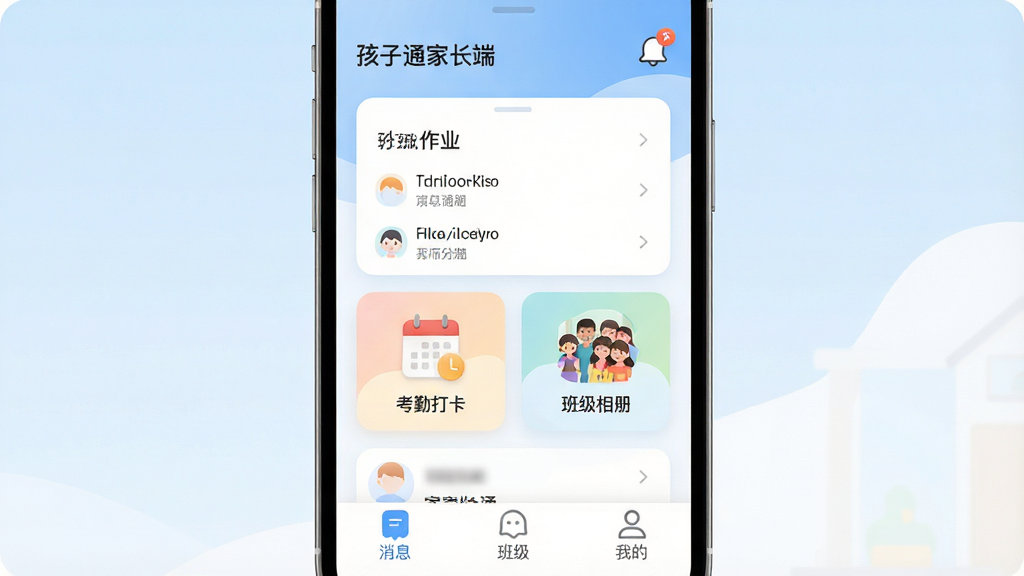 ����ͨ�ҳ���App������չʾ���ֻ���Ļ���У���Ļ����ʾ��У��ͨ���棬�����ǰ༶���ƺ���Ϣ֪ͨͼ�꣬�м�����ҵ�б������ڴ򿨡��༶���ȹ��ܿ�Ƭ���ײ�Ϊ��Ϣ���༶���ҵ�����ѡ�������Ϊ��͵����׽��䣬����ִ�����ƽ��ͼ��Բ�����������ֱ�עΪ������ͨ�ҳ��ˡ������ʸɾ��޶���Ԫ��