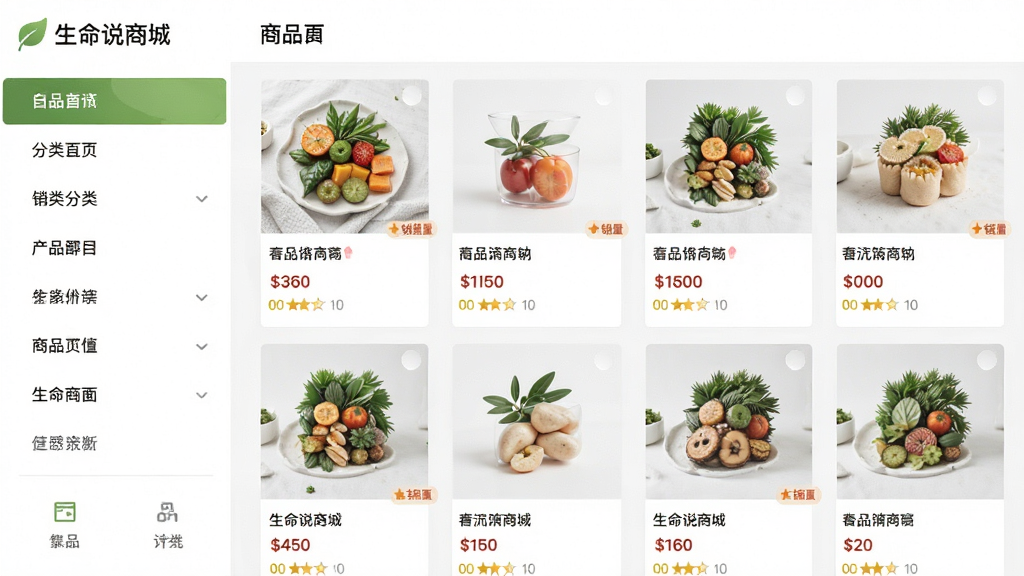 生命说商城 商品分类页面 布局 左侧分类导航 右侧商品网格 排版 规整有序 风格 清新自然 细节 商品缩略图 价格标签 销量提示 画质 高清 干净 无多余元素