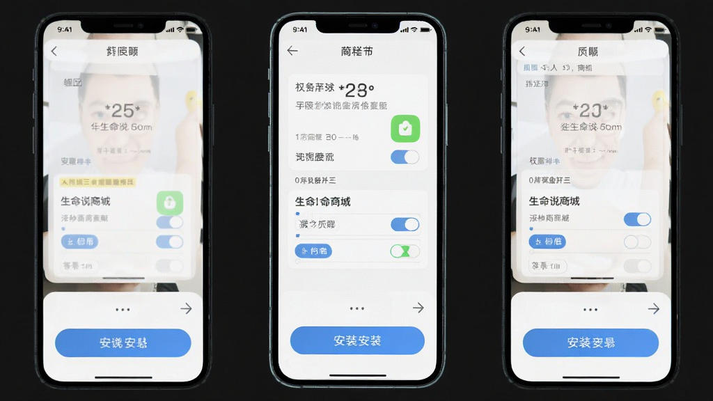 生命说商城 手机安装步骤 布局 分步截图 排版 从上到下 风格 简洁教程 细节 权限开关 安装按钮 画质 高清 干净 无多余元素
