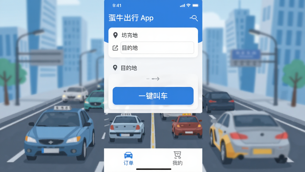 ��ţ����App�������ͼ��չʾ���Ĵ���ҳ������Ϊ���е�·�ͳ�����������ʾ��ǰλ�ú�Ŀ�ĵ�������м��С�һ���г�����ť���ײ�Ϊ�������ҵ�ҳ����ڣ�����ִ���ƽ��������ɫΪ�������ʸɾ��������޶���Ԫ��