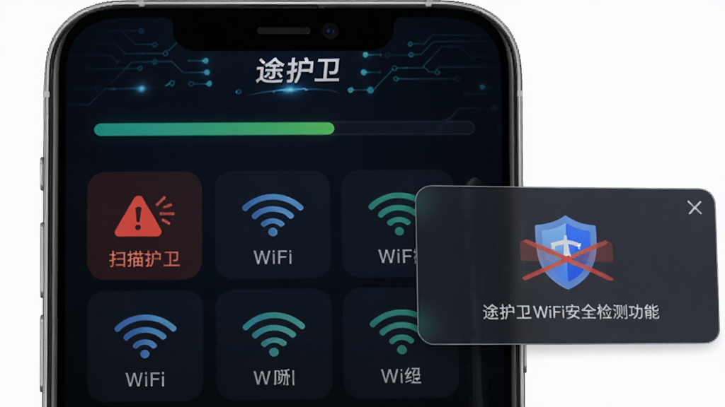 ;����WiFi��ȫ��⹦�ܽ��棬�ֻ���Ļ��ʾɨ��������Ͷ��WiFi�ź�ͼ�꣬����һ����쾯ʾ���Աߵ�������������ʾ�򣬱���Ϊ��ɫ�Ƽ��������';����'�ڶ���������ɾ�����