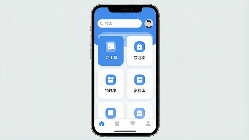 һ���ֻ�Ӧ�ý���չʾͼ�����������ǡ�iͬѧ��App�����棬���岼��������������ʾ���������û�ͷ���м��ǹ��ܿ�Ƭ������ѧϰ���ߡ����Ȿ�����Ͽ��ͼ�꣬�ײ�Ϊ�����������������¼�Լ������Ϊ��ɫ����ϸ��Բ�󣬻��ʸɾ��޶���Ԫ��