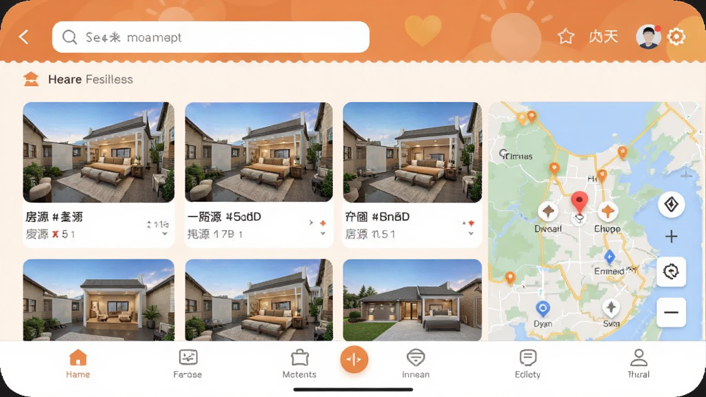 加天下换房旅居App主界面截图,展示房源列表和地图找房功能,界面设计以暖色调为主,顶部搜索栏,中间是房源卡片列表,底部导航栏清晰,整体风格温馨舒适,画质干净无多余元素