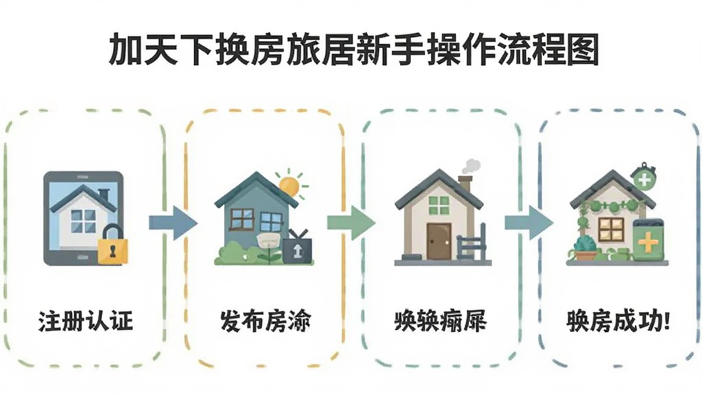 加天下换房旅居新手操作流程图,展示从注册认证到发布房源再到换房成功的四个步骤,每一步有图标和简短文字说明,风格扁平化,画质清晰