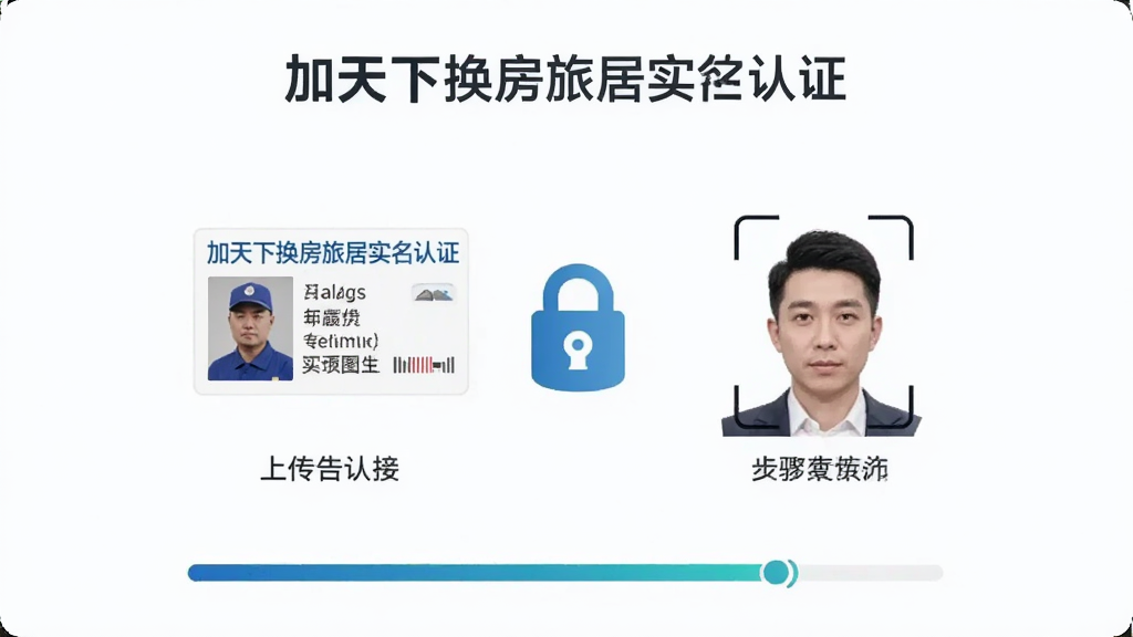 加天下换房旅居实名认证页面,展示身份证上传和人脸识别步骤,界面有安全锁图标和认证进度条,风格严谨可靠,画质清晰