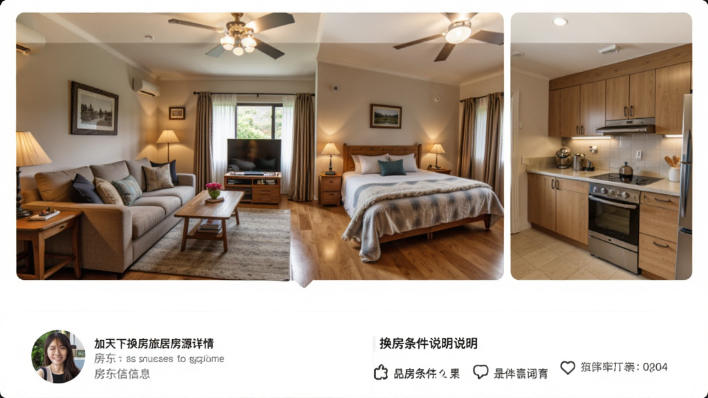 加天下换房旅居房源详情页面,展示一套温馨的民宿内部照片,有客厅、卧室和厨房,页面下方有房东信息和换房条件说明,整体风格真实自然,画质清晰