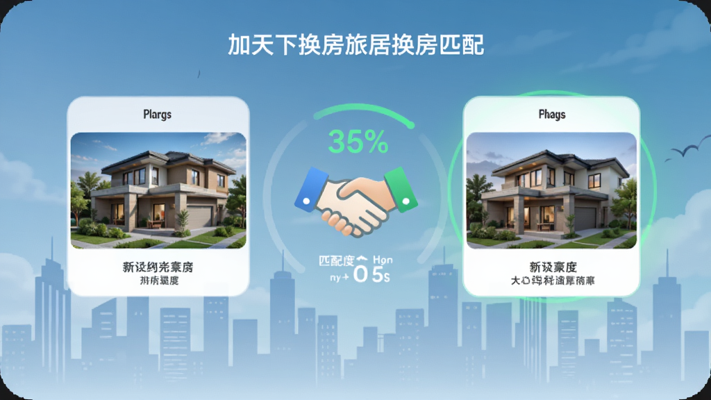 加天下换房旅居换房匹配界面,展示两个用户房源互相匹配成功的动画效果,屏幕中间有握手图标和匹配度百分比,背景是城市剪影,风格简洁现代,画质干净
