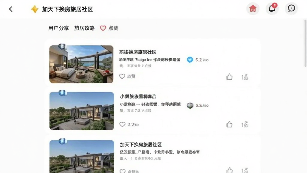 加天下换房旅居社区页面,展示用户分享的旅居攻略图文列表,有标题、缩略图和点赞数,界面排版清爽,风格类似小红书,画质干净无多余元素