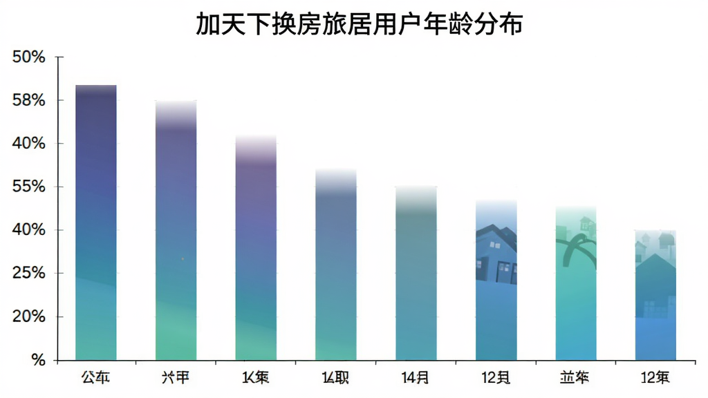加天下换房旅居用户年龄分布柱状图,横轴为年龄段,纵轴为百分比,柱子颜色渐变,图表标题“加天下换房旅居用户年龄分布”,风格简洁专业,画质干净