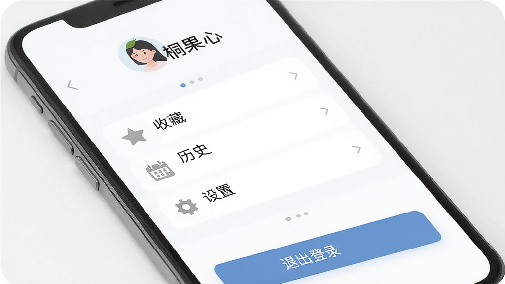 һ��չʾ��ͩ����APP��������ҳ���ͼƬ���������ֻ���Ļ������Ϊ�������û�ͷ����ǳƣ��м����ղء���ʷ�����õȹ�������б����ײ����˳���¼��ť���Ű�����������Լ��ϸ����ͼ��ͳһ��������ʣ����ʸ��壬�ɾ����޶���Ԫ��