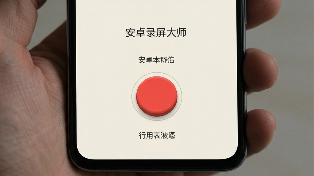 一张展示“安卓录屏大师”操作界面的图片。主体是一个手机屏幕,屏幕中央有一个醒目的圆形红色录制按钮。布局是手机竖屏,按钮位于下方中央。排版上,界面背景为浅色,按钮周围有简单的文字提示。风格是极简、易用。细节上,按钮有立体感,文字清晰,画质干净无多余元素。