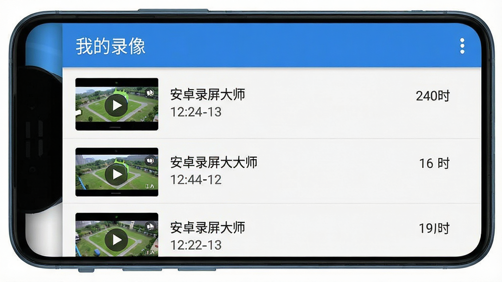 一张展示“安卓录屏大师”视频文件管理列表的图片。主体是手机屏幕,屏幕显示一个列表,每个条目有视频缩略图、文件名、时长和大小。布局是垂直列表。排版上,顶部有“我的录像”标题。风格是整洁、有序。细节上,缩略图清晰,文字排列整齐,画质干净无多余元素。