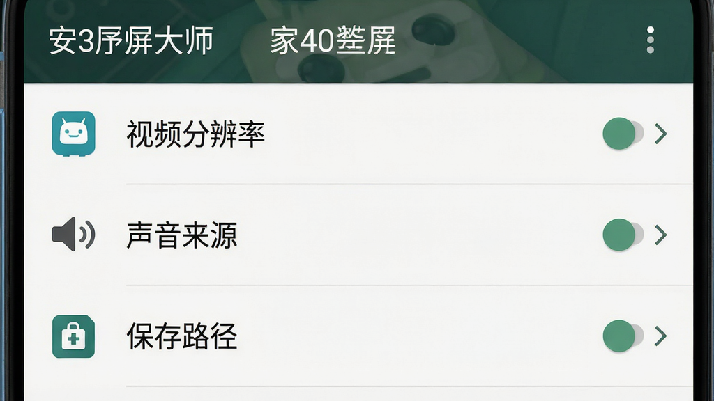 一张展示“安卓录屏大师”设置界面的图片。主体是手机屏幕,显示设置菜单,包含“视频分辨率”、“声音来源”、“保存路径”等选项。布局是垂直列表。排版上,每个选项右侧有开关或箭头。风格是清晰、直观。细节上,选项文字清晰,图标简洁,画质干净无多余元素。