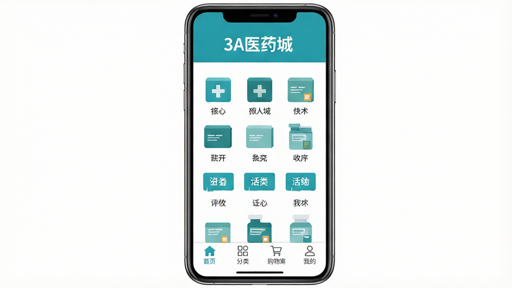 �ֻ���Ļ��������ʾһ������ɫ����APP���棬�����С�3Aҽҩ�ǡ������ֱ��⣬�м����������е�ҩ��ͼ��ͷ����ǩ���ײ�����������ҳ�����ࡢ���ﳵ���ҵ��ĸ�ѡ�����ɾ���ˬ�����κι�浯������ɫ��������ƽ����Ʒ��ϸ�����������ʸɾ����޶���Ԫ��