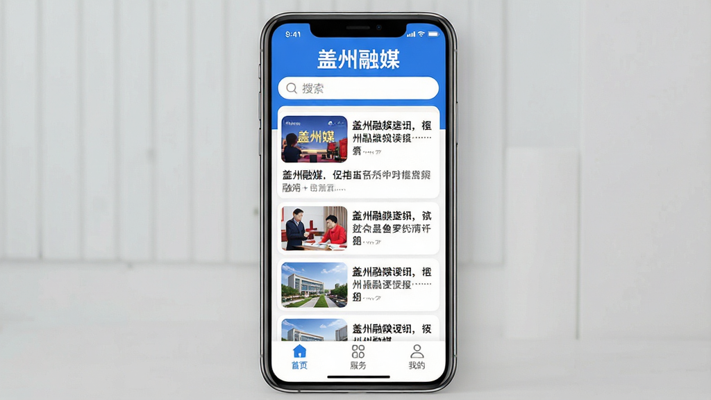 盖州融媒手机应用主界面展示,画面中央是一部竖屏智能手机,屏幕内显示盖州融媒App首页,顶部有“盖州融媒”文字标识和搜索栏,中间为图文混排的新闻资讯卡片列表,底部为首页、服务、我的三个导航图标,整体布局清晰,风格简洁现代,蓝白配色为主,细节圆润,画质干净,无多余元素