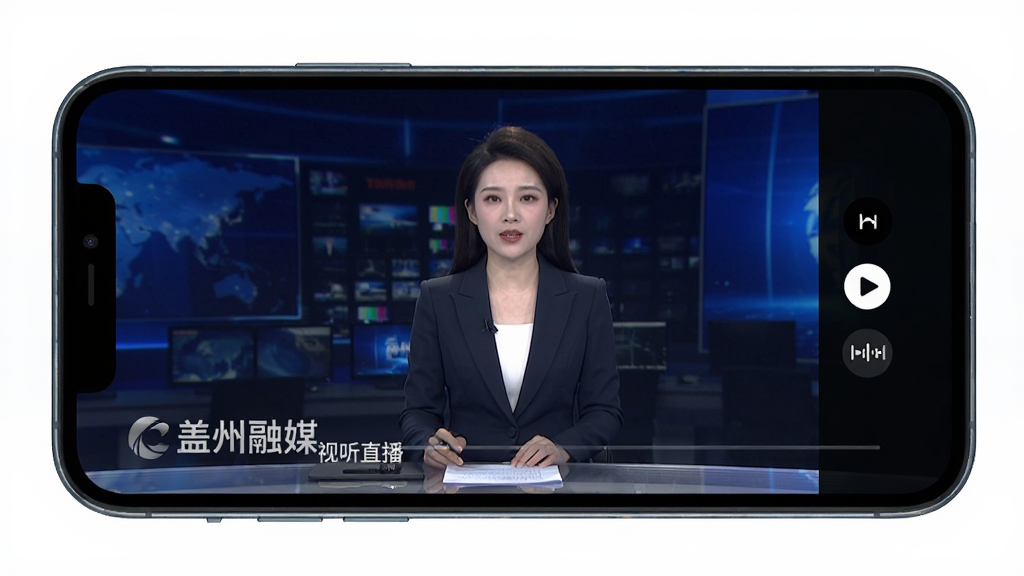 盖州融媒视听直播页面,手机横屏显示电视直播画面,画面中有新闻主播出镜,屏幕下方有“盖州融媒”水印和频道名称,右侧有播放控制按钮,背景为深色,界面简洁,画质清晰,无多余元素