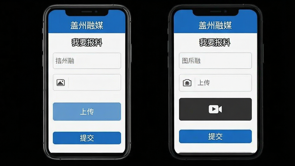 盖州融媒报料页面,手机屏幕显示表单填写界面,包含文字输入框、图片上传按钮和视频上传按钮,顶部有“盖州融媒”和“我要报料”字样,底部有提交按钮,界面布局清晰,风格简洁,配色以白色和蓝色为主,画质干净,无多余元素