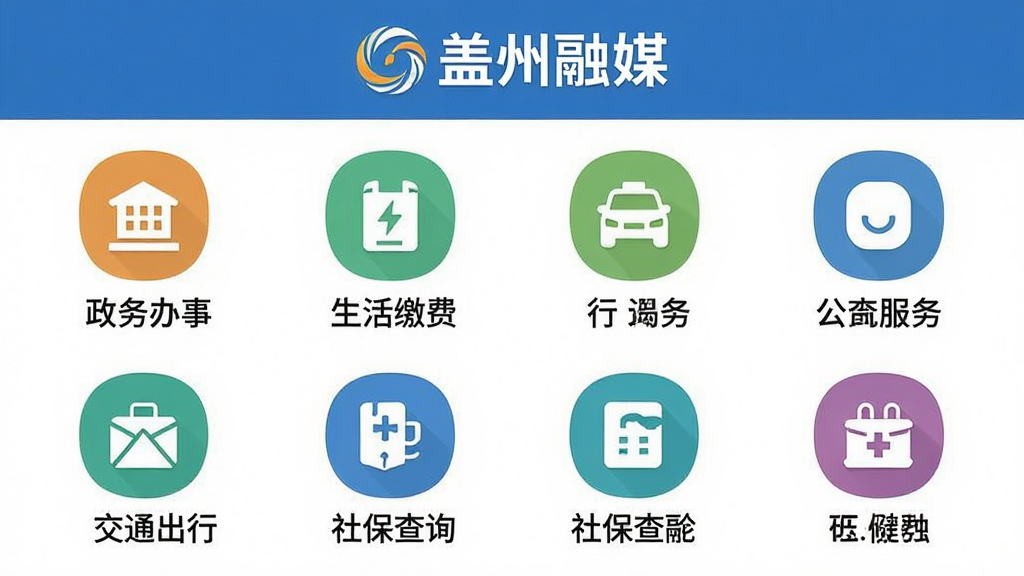 盖州融媒便民服务页面,手机屏幕显示各类服务图标网格,包括政务办事、生活缴费、交通出行、社保查询等图标,图标下方有对应中文标签,顶部有“盖州融媒”标识,整体布局为四列网格,风格扁平化,配色清新,画质干净,无多余元素