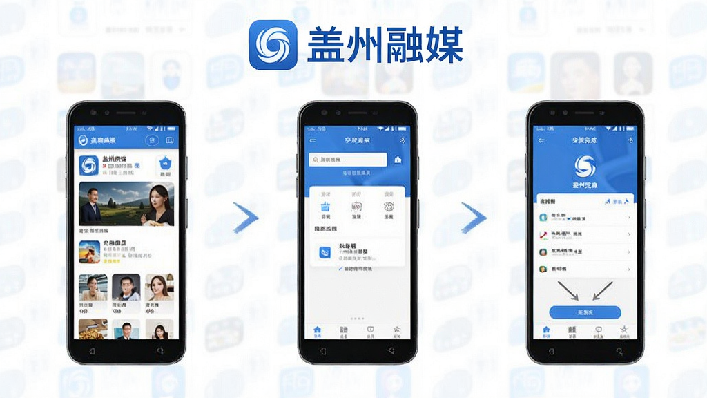 盖州融媒安卓手机安装步骤示意图,画面中展示手机屏幕从应用商店搜索到安装完成的三个步骤,每个步骤有手机界面缩略图和简短文字说明,顶部有“盖州融媒”标识,整体风格简洁明了,配色为蓝色和白色,画质干净,无多余元素