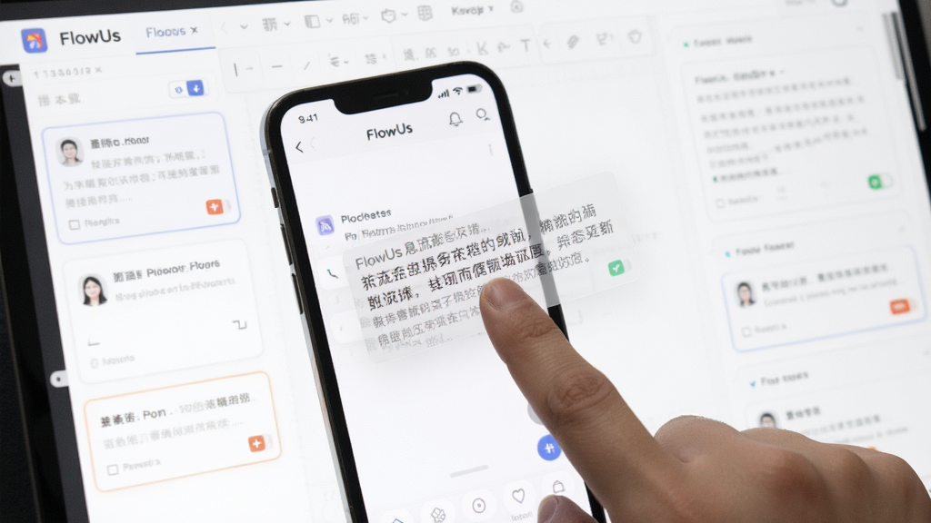 FlowUs Ϣ�� ��༭��������ʾ��һֻ�����ֻ���Ļ�ϰ�סһ�����ֿ鲢�϶������ֿ���ְ�͸������״̬��ҳ�汳��Ϊ�ɾ��İ�ɫ�༭������Χ���������ݿ���Ϊ���գ������Ƽ��У���������