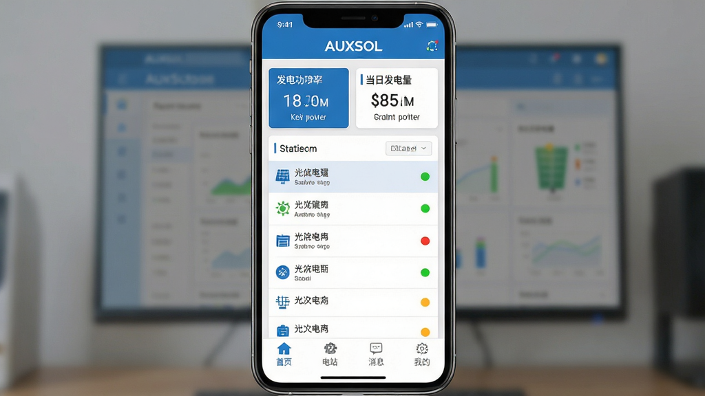 AUXSOL����������ȫòչʾ���ֻ���Ļ������ʾ�����վ����Ǳ��̣������з��繦�ʺ͵��շ��������ݿ�Ƭ���м��ǵ�վ�б���״ָ̬ʾ�ƣ��ײ�Ϊ��ҳ����վ����Ϣ���ҵ��ĸ�����ѡ���������������ɫΪ����������ִ���ƽ�����������������ɼ���AUXSOL��Ʒ�Ʊ�ʶ�����ʸɾ��޶���Ԫ��
